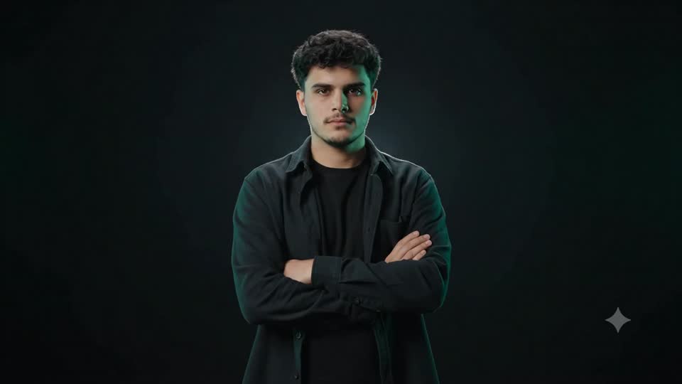 Habibullah standing in a dark studio with emerald rim lighting